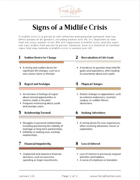 Think you may be going through a midlife crisis? There are signs and in this blog post we explore the intricate nature of a midlife crisis in women. https://farrahhylton.com/midlife-crisis-signs/ Midlife Crisis Aesthetic, Midlife Crisis Women Quotes, Women Midlife Crisis, Mid Life Crisis Women, Midlife Crisis Women, Midlife Crisis Quotes, Simple Powerpoint, Midlife Crisis, Mental Health Crisis