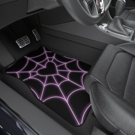 - Keep your car floor clean and stylish with these adorable mats. Perfect for any car, these mats are made of high-quality materials and will last for years. #spiderweb #heart Aesthetic Seat Covers For The Car, Pink Car Mats, Black And Pink Car Interior, Cool Car Stuff, Cool Car Mods, Kuromi Car Accessories, Goth Car Interior, Car Mods Interior, Pink Car Decor