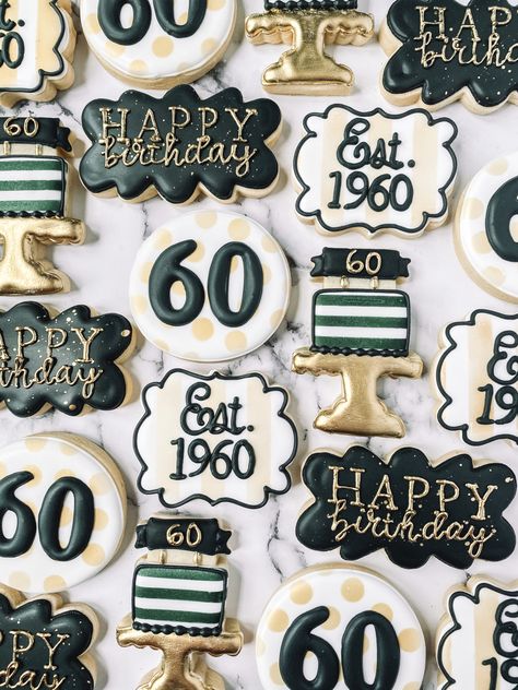 60 Th Birthday Party Ideas For Men Food, Man’s 60th Birthday Party, 60 Birthday Party Theme For Men, 60th Birthday Office Decorations, Dads 60th Birthday Ideas Party Themes, 60th Birthday Party Cookies, 70th Birthday Party Cookies, Sixty Birthday Ideas For Men Dads, 60th Birthday Party Decor Ideas