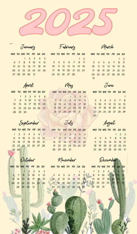 Cute succulent calendar printable for school, work, journal, or print business 💓 Calender 2025 Printable, Calendar 2025 Aesthetic Cute, Pastel Calendar, 2025 Aesthetic, Printable Cute, Work Journal, Print Business, Cute Calendar, Easy Doodles