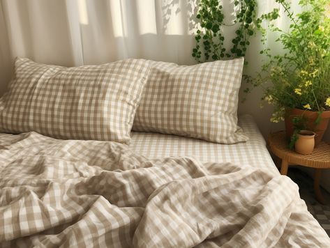 Introducing our luxurious Undyed  gingham Linen Sheet Set - the epitome of style, comfort, and durability. Made from high-quality, stonewashed linen fabric, this set includes a soft and cozy fitted sheet, flat sheet, and 2 pillowcases. Dressed in a beautiful, neutral beige color, these sheets offer a timeless look that complements any bedroom decor. Available in queen, king, twin, double, full, and single sizes, these sheet sets are perfect for any bed in your home. The stone-washed linen fabric Checkered Sheets, Gingham Sheets, Gingham Linen, Linen Sheet Sets, Linen Sheets, Neutral Beige, Dream Bedroom, Dream Room, Flat Sheets