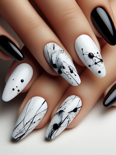 A minimalist black and white nail design with abstract brush strokes and splatters, creating a dynamic and artistic effect Black Splatter Nails, Brush Strokes Nails, Nail Design With Stickers, Mechanic Nails, Nail Art Designs Black And White, Grey And Black Nails Designs, Modern Art Nails, White Spring Nails, Nail Art Black And White