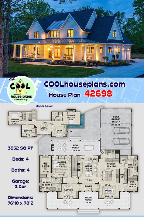 This stunning modern farmhouse home plan is brand new to the website, but it is getting a lot of attention. At almost 4,000 sq feet, this beautiful country home plan offers 4 large bedrooms and 4 full bathrooms. The first floor offers a formal dining room, lounge, master suite, great room, kitchen, office and mudroom. Large front and rear covered porches offer cooling shade and outdoor entertaining space. The second floor has three bedrooms, two full bathrooms, a loft area and media center. Best Two Story House Plans, Large Pantry House Plans, Large Garage House Plans, Entertaining House Plans, House Plans With Craft Room, 4 Bdrm House Plans Open Floor, House Plans With Large Kitchen, Country Home Floor Plans, 3500 Sq Ft House Plans