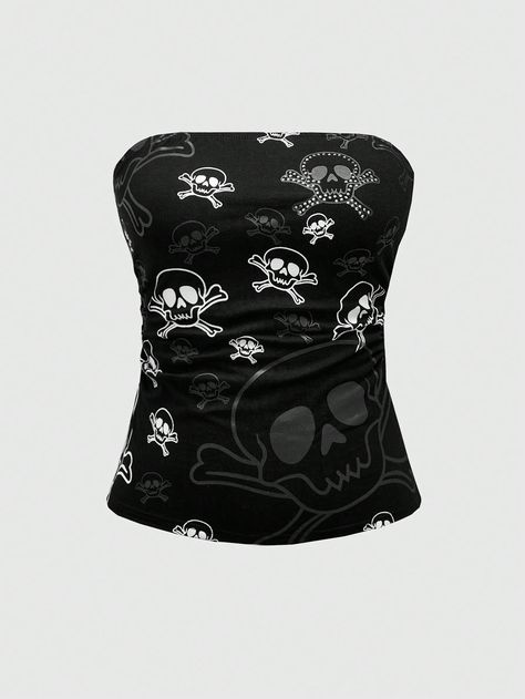 Grunge Y2K Skull Rhinestone Pattern Ruched Crop Top For Women, School Black Casual  Sleeveless Fabric Cartoon,Halloween,Letter  High Stretch  Women Clothing, size features are:Bust: ,Length: ,Sleeve Length: Scene Crop Top, Halloween Letras, Y2k Skull, Áo Crop Top, Crop Top For Women, Cartoon Halloween, Ruched Crop Top, Gothic Shirts, Scene Outfits