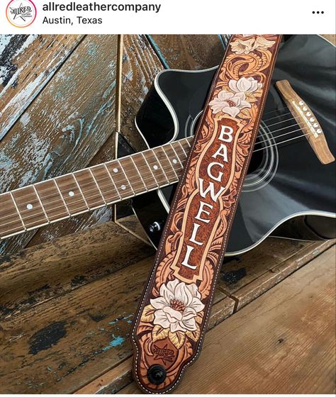 Leather Guitar Strap Pattern Handmade, Diy Leather Guitar Strap, Leather Guitar Strap Pattern, Custom Leather Work, Leather Guitar Strap, Leather Working Patterns, Leather Working Tools, Leather Tooling Patterns, Leather Engraving