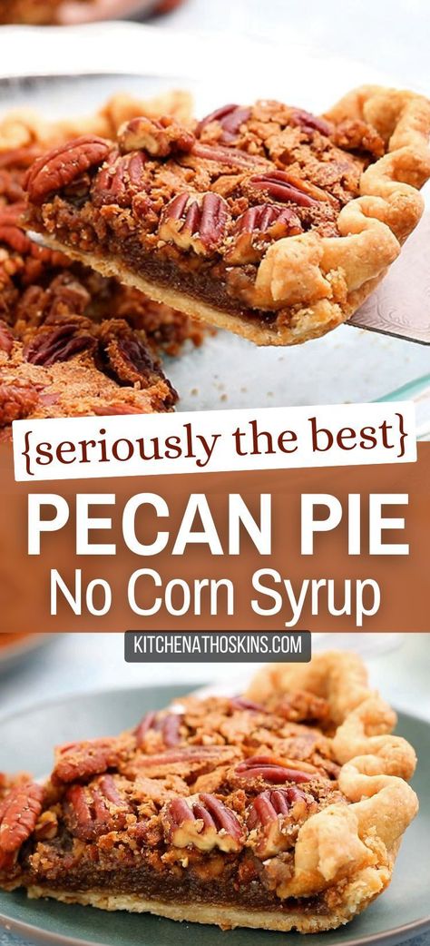 Learn how to make the best pecan pie without corn syrup that is made from scratch with brown sugar and homemade all butter pie crust. This easy Thanksgiving pie recipe has no corn syrup makes a great dessert for holidays like Christmas and Thanksgiving. Less Sweet Pecan Pie, Pecan Pie No Corn Syrup Easy, Not Too Sweet Pecan Pie, Homemade Pecan Pie From Scratch, No Corn Syrup Pecan Pie, Pecan Pie Recipe Without Corn Syrup, Pecan Pie No Corn Syrup, Pecan Pie Without Corn Syrup, Brown Butter Pecan Pie