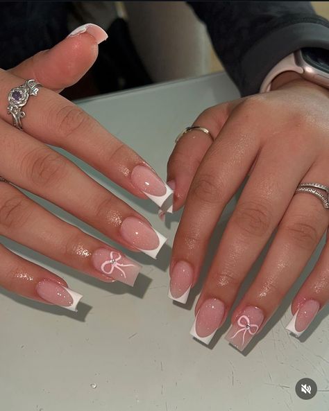 Acrylic Nail Birthday Set, French Tip Nails With Butterflies, Pink Nails With White French Tip, Low French Tip Nails, Gel X Nails French Tip, French Tip With Initial Nails, White French Tip With Design, Tapered Square Nails Short, Lavender Nails Acrylic