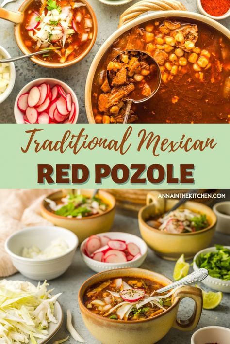 mexican food | pozole rojo | red pozole | mexican soup | mexican food authentic | easy mexican recipes | pork recipes | chicken recipes | corn recipes Colombian Soup, Red Chicken Pozole, Red Posole Recipe, Pozole Recipe Pork, Pozole Rojo Recipe, Hominy Soup, Chicken Pozole, Posole Recipe, Pozole Recipe