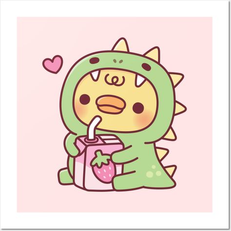 A yellow duckling is in a cute green dinosaur outfit while holding on to a packet of strawberry milk. Adorable design for duck and dinosaur lovers! -- Choose from our vast selection of art prints and posters to match with your desired size to make the perfect print or poster. Pick your favorite: Movies, TV Shows, Art, and so much more! Available in mini, small, medium, large, and extra-large depending on the design. For men, women, and children. Perfect for decoration. Small Art Painting, Duck Drawings Easy, Duck Art Cute, Cute Duck Sketch, Duck Cute Art, Cute Dinosaur Costume, Cute Dino Drawing, Dino Background, Stuff To Print