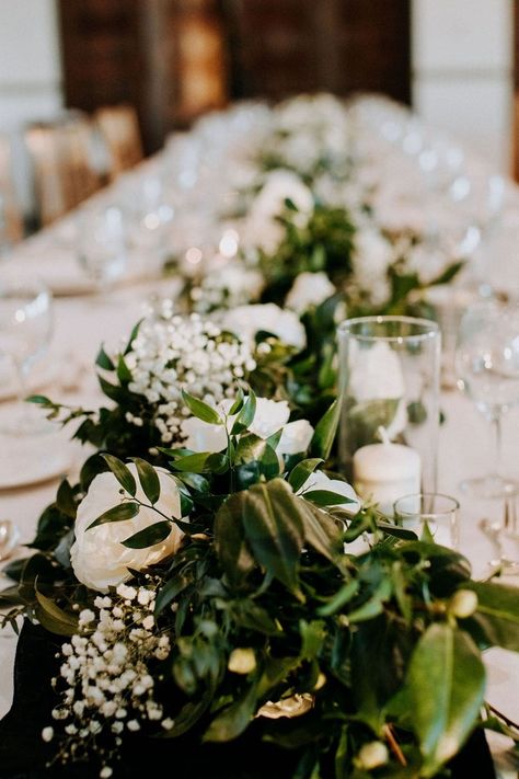 Greenery Runner, Green Centerpieces, Greenery Centerpiece, White Roses Wedding, Wedding Inside, Floral Event Design, White Wedding Flowers, Baby's Breath, Table Flowers