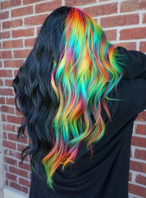 Exotic Hair Color, Split Dyed Hair, Hair Color Underneath, Vivid Hair Color, Rainbow Hair Color, Creative Hair Color, Multi Colored Hair, Neon Hair, Hair Color Crazy