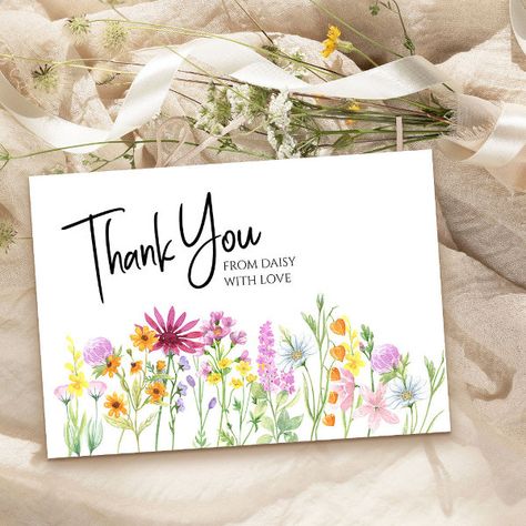 Wildflower Meadow Personalized Thank You Card Wildflower Themed Birthday, Wildflower Border, Birthday Card For Women, Watercolor Hand Lettering, Wildflower Baby Shower, Pretty Watercolor, Wildflower Meadow, Personalized Thank You Cards, Custom Thank You Cards