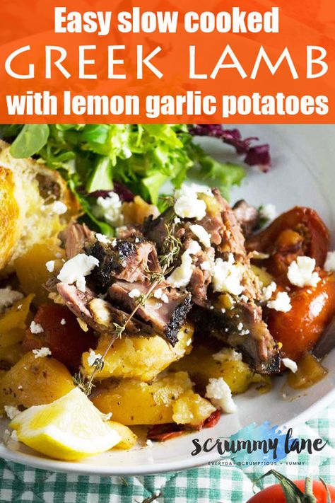 This easy slow cooked Greek lamb with lemon and garlic potatoes is a perfect meal for entertaining. Roast a lamb leg together with potatoes and delicious Greek flavours for 4 hours, but with only 15 minutes hands-on attention. It's such an easy and delicious way to impress your guests! #greeklamb #lamb #greekfood #greece #scrummylane #easter Lemon Garlic Potatoes, Slow Cooked Greek Lamb, Lamb Kleftiko, Greek Recipes Easy, Easy Mediterranean Recipes, Greek Lamb, Lamb Leg, Slow Cooked Lamb, Lamb Dishes