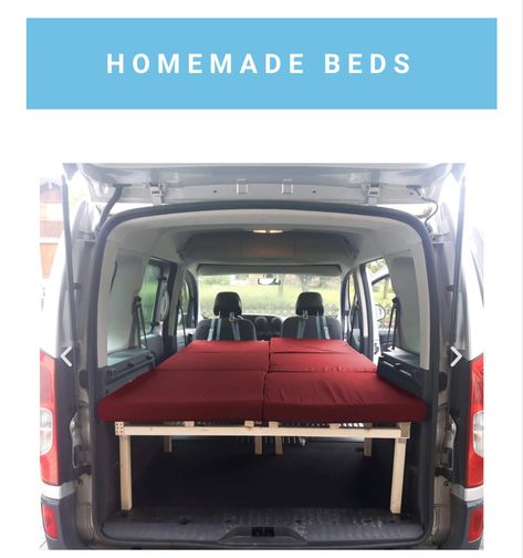 Build your own van bed for camping. Renault Kangoo Camper Diy, Renault Kangoo Camper, Homemade Beds, Vw Caddy Maxi, Kangoo Camper, Camper Beds, Caddy Maxi, Suv Camping, Camping Diy