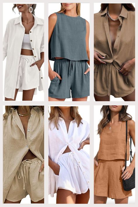 2 piece linen sets are the new trend to love! Discover the perfect white two-piece outfits for both casual and chic summer time looks, plus how to make them work for every occasion. It's time to make a statement with your matching linen summer ensemble! Linen Short Set Outfit, Two Piece Linen Set Women, Summer Sets Outfits Two Pieces, Linen Set Women, Set Outfit Two Pieces, Linen Short Set, White Two Piece Outfit, Dinner Outfit Casual, Pretty Dresses Casual