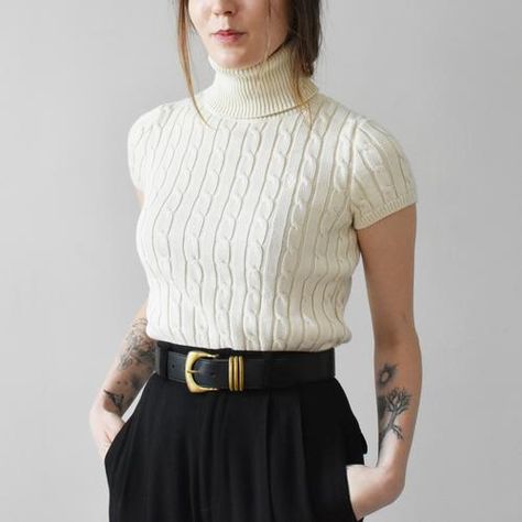 vintage 90s ralph lauren short sleeve turtleneck sweater Short Sleeve Turtleneck Sweater, Short Sleeve Turtleneck Outfit, Knit Shirt Outfit, Short Sleeve Sweater Outfit, Turtle Neck Short Sleeve, Missing Socks, Turtle Sweaters, Short Sleeve Turtleneck, High Collar Shirts