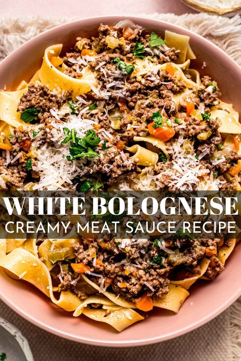 This White Bolognese Sauce combines beef & Italian sausage in this silky, rich & delicately spiced sauce that's perfect for topping a bowl of pasta! #bolognese #pastarecipe #whitebolognese #pastasauce White Bolognese, Slow Cooker Bolognese Sauce, Slow Cooker Bolognese, Pasta Easy, Ladies Group, Meat Sauce Recipes, Italian Chopped Salad, Pasta Bolognese, Recipe Beef