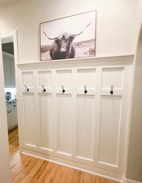 Beadboard Behind Washer And Dryer, Board And Batten Wall In Entryway, Front Entrance Wall Panelling, Wainscoting With Coat Hooks, Waynes Coating Entryway, Shiplap Wall Mudroom Entryway, Mud Room Wall Paneling, Wainscoting Mudroom Entryway, Shiplap Mudroom Wall With Hooks