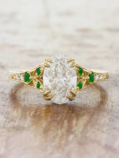 Engagement Rings With Emerald Accents, Stone Shapes, Pretty Engagement Rings, Engraved Engagement Ring, Lab Diamond Engagement Ring, Curved Wedding Band, Dream Engagement Rings, Yellow Gold Setting, Bygone Era