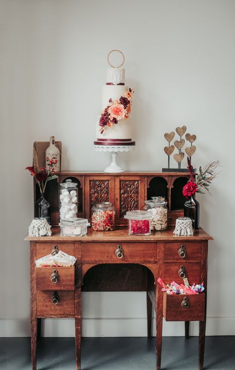 Wedding Dessert Cake Table Dresser Sarah Jayne Photography #weddingcake #desserttable Dessert Table Ideas, Eco Friendly Bedroom, Wedding Cake Dessert Table, Village Fete, Furniture Dresser, Cake Dessert Table, Real Rose Petals, Eco Friendly Art, Old Desks