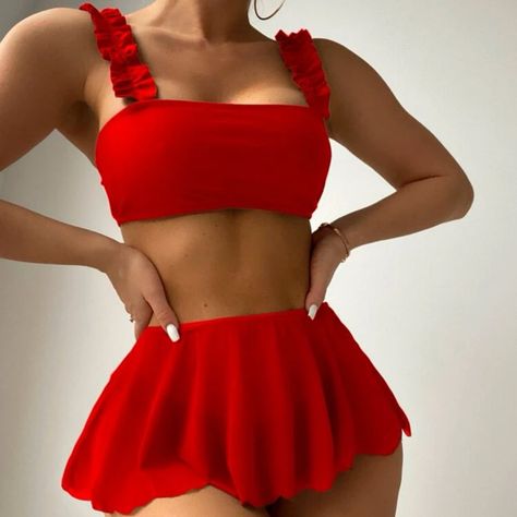 Nwot Three Piece Set With Red Frill Trim Bandeau Style Top With Cheeky Bikini Bottom And Micro Skirt Beach Outfit For Women, Backless Swimwear, Solid Color Bikinis, Backless Swimsuit, Skirt Swimsuit, Swimsuits Outfits, Swimwear High Waisted, Coverup Skirt, Ruffle Swimsuit