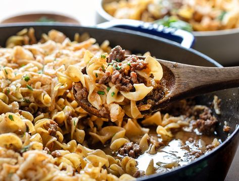 French Onion Beef Casserole Beef Stroganoff Easy, Ground Beef Stroganoff, Soup With Ground Beef, One Skillet, Stroganoff Recipe, Beef And Noodles, Beef Stroganoff, Beef Casserole, Egg Noodles