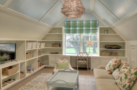 Slanted Walls Playroom, Playroom Slanted Ceiling, Built In Bonus Room, Playroom Sloped Ceiling, Slanted Ceiling Shelving, Slanted Ceiling Bonus Room Ideas, Finished Attic Ideas Office, Attic Shelving Slanted Walls, Bonus Room Slanted Ceiling