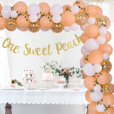 PRICES MAY VARY. One Sweet Peach Set: There are totally 70 latex balloons(macaron orange, white) for you to make a beautiful arch garland kit, one sweet peach banner, artificial greenery garlands to decorate, 1 roll of adhesive dots and 1 balloon tape strip. Unique Design for Girl: So cute design of One Sweet Peach banner and Artificial Greenery Garland, perfect for a wonderful summer birthday party, would be very eye-catching of the party. Whether the party is indoor or outdoor, your party will Peach Balloon Arch, Peach Birthday Decorations, One Sweet Peach, Peach Birthday, Baby First Birthday Themes, Peach Party, 1st Birthday Party Themes, Girl Birthday Decorations