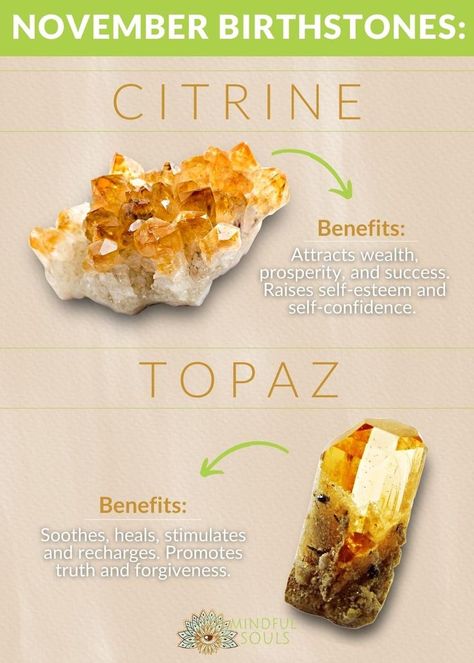 citrine and topaz crystals Topaz Meaning, November Stone, Birthstones Meanings, Balancing Chakras, Gemstones Chart, Born In November, Sweet November, Spiritual Knowledge, Topaz Jewelry