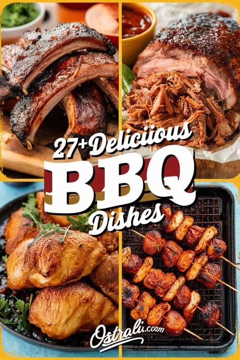 Dive into summer with 27+ delicious BBQ dishes that will ignite your taste buds and fire up your grill. From smoky ribs to zesty veggie skewers these mouthwatering recipes are perfect for gatherings and outdoor feasts. Explore new flavors and elevate your BBQ game with this ultimate guide from Ostrali.com Bbq Feast, Unique Bbq Side Dishes, Bbq Main Dishes, Spicy Grilled Shrimp, Bbq Pulled Pork Sandwiches, Watermelon Salad Recipes, Bbq Games, Lemon Herb Chicken, Vegetable Skewers