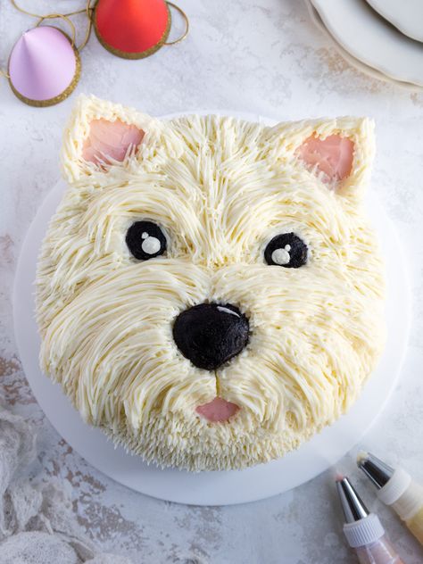 This cute westie cake is made with tender vanilla cake layers and decorated with delicious, homemade buttercream frosting. Cupcake Dog Cake, Buttercream Dog Cake, Animal Cake Ideas Easy, Pet Themed Birthday Cake, Cake That Looks Like A Dog, 3d Dog Cake, Dog Decorated Cake, Dog Theme Birthday Cake For Kids, Dog Cake Decoration