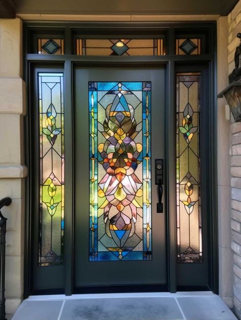 15+ Stunning Stained Glass Front Door Designs for a Unique Entryway • 333+ Art Images Stained Glass Patio Doors, Unique Exterior Door, Craftsman Doors With Leaded Glass Exterior Front Entry, Windows By Front Door, Modern Stainglass Windows, Stained Glass Front Door Ideas, Stained Glass Over Door, House With Stained Glass Window, Stained Glass Closet Doors