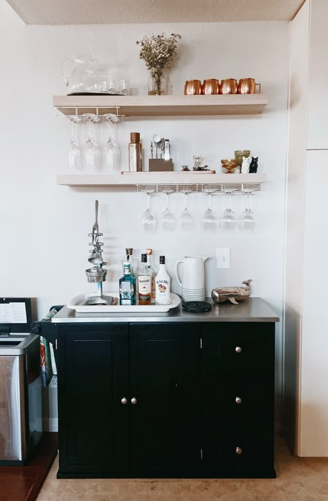 Kitchen Shelves Glassware, Floating Shelves Glassware, Bar Cabinet Floating Shelves, Floating Shelves Wine Bar, Floating Shelves With Glasses, Drybar With Floating Shelves, Glasses On Floating Shelves, Glass Hanging Shelves, Bar Nook With Floating Shelves