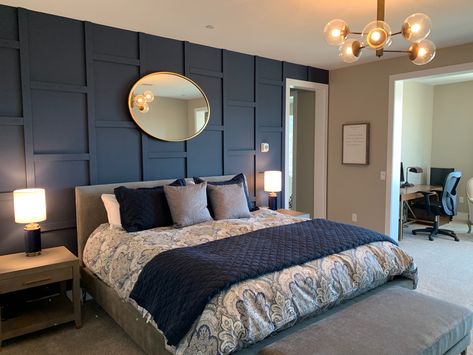 Master bedroom feature wall in SW naval. Navy Blue Wall Paneling Bedroom, Bedroom Wall Finishing Ideas, Bedroom Design Blue Wall, Navy Wall Panelling Bedroom, Deep Blue Bedroom Accent Wall, Blue Panel Wall Bedroom, Navy Wainscoting Bedroom, Blue Green Master Bedrooms Decor, Sw Naval Bedroom