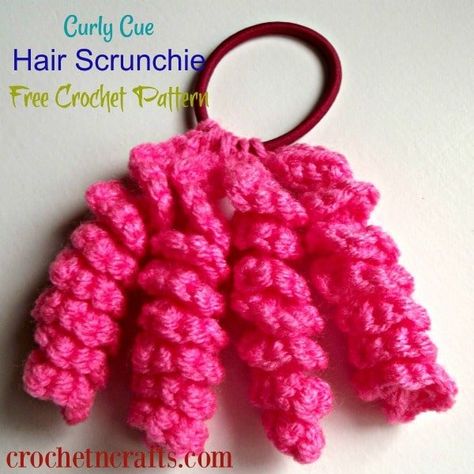 Crochet Curly Cue Hair Ties, Crochet Curly Cues Free Pattern, Crochet Scrunchy Free Pattern, Crochet Hair Elastics, Crochet Hair Scrunchies Free Pattern, Crochet Hair Ties Free Pattern, Crocheted Hair, Crochet Hair Bows, Crochet Scrunchie