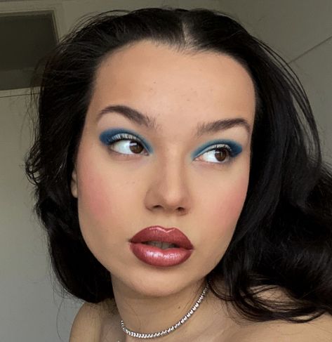 Lipstick With Blue Eyeshadow, Blue Eyeshadow With Red Lipstick, Hooded Eye Blue Makeup, Blue Eyeshadow And Red Lipstick, Blue Eyeshadow Red Lipstick, Blue Eyeshadow For Hooded Eyes, Blue Makeup Hooded Eyes, Blue Eyeshadow Looks For Brown Eyes, Blue And Red Makeup Looks