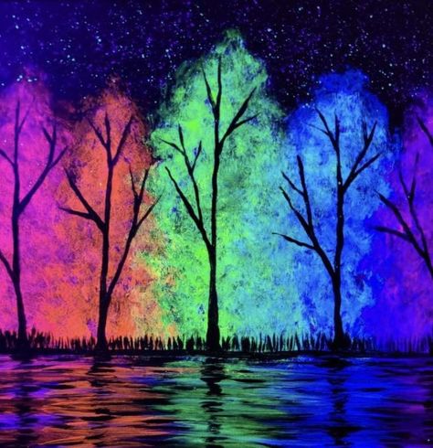 Glow In Dark Paint, Neon Forest, Neon Art Painting, Fluorescent Painting, Jellyfish Painting, Black Lights, Painting Parties, Dark Paintings, Sky Art Painting