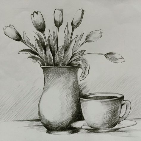 Pencil drawing | pencil shading | still life drawing | cup and vase | Vase Shading Drawing, Vases Still Life, Still Life To Draw, Still Life Drawing Pencil Shading, Still Life Pencil Shading Sketch, Shading Practice Drawing, Still Life Composition Drawings, Still Life Sketch Realistic, Still Art Drawing