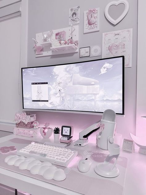 coquette gaming setup Gaming Desk Setup Ideas, Aesthetic Gaming Room, Desk Setup Ideas, Games Room Inspiration, Setup Pc, Pc Gaming Desk, Aesthetic Gaming, Gaming Desk Setup, Bilik Idaman