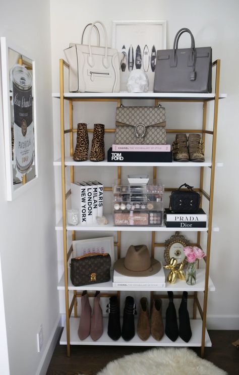 CLOSET / My favorite Amazon finds including these styling shelves perfect for the closet space. Create a functional, organized and modern farmhouse closet space. | SBK Living How To Display Purses In Bedroom, Purse Display Ideas Bedrooms, Storage Shoes, Purse Display, Shoe Storage Ideas, Shoe Organization, Room Things, Bag Closet, Dressing Room Closet