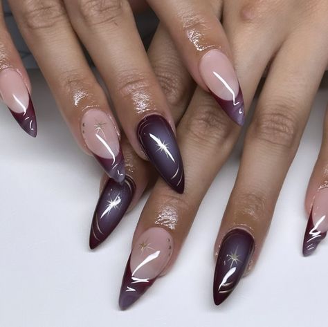 Nails Gold Chrome, Fall Press On Nails, Dark Purple Nails, Medium Stiletto, Plum Nails, Purple Aura, Chrome Nail Art, Strawberry Wine, Airbrush Nails