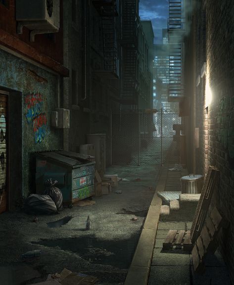 Dark lane, Nikita Moskalev on ArtStation at https://www.artstation.com/artwork/lVgPNo Dark Street Photography, Background Inspo Art, Dark Alley Background, Dark Alleyway Aesthetic, Alleyway Reference, Street Background For Editing, Nyc Alleyway, Dark Urban Aesthetic, Dystopian Underground