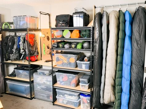 Gear Organization Ideas, Gear Room Organization, Outdoor Gear Organization, Outdoor Gear Storage, Camping Gear Organization, Gear Organization, Camping Gear Storage, Adventure Room, Garage Storage Inspiration