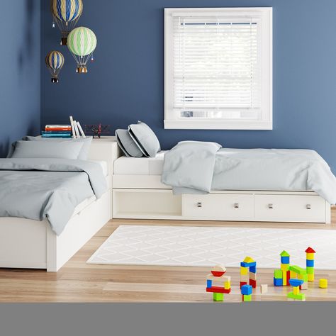 Viv + Rae Granville Storage Twin Platform L-Shaped Bed with Trundle & Reviews | Wayfair L Shaped Twin Beds, L Shaped Beds, Kids Twin Bed, Kids Shared Bedroom, Twin Trundle Bed, Bed Platform, Bed With Trundle, Twin Platform Bed, Bed Shelves