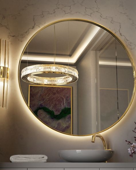 Round Backlit Mirror Bathroom, Mirror Vanity Ideas, Circle Light Mirror, Wall Watches, Bathroom Mirror Wall, Light Up Mirror, Room Dressing, Led Bathroom Mirror, Backlit Mirror