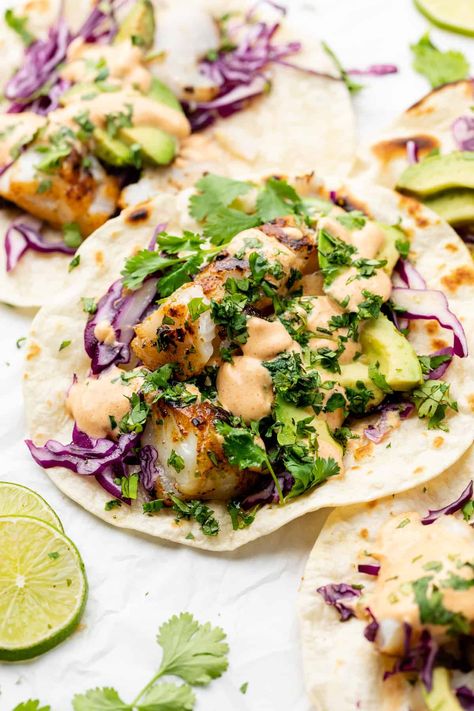 Air Fryer Shrimp Tacos, Cod Fish Tacos, Fish Taco Recipe, Grilled Cod, Greek Yogurt Sauce, Grilled Fish Tacos, New Air Fryer Recipes, Homemade Greek Yogurt, Crispy Tacos