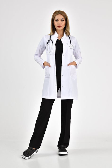 Sleek sellouts! 🤓. Order White Lab Coat, Anti-wrinkle Lightweight Doctor Dentist Surgeon Pharmacist Therapist, Medical Uniform, Classic Lab Coat, JUDGECOLLAR at £37.00 #ScrubForNurses #ScrubSet #MedicalClothes #DentalScrubSet #CustomisedScrubSet #UniformForWomen #MedicalOutfit #ScrubTop #ScrubPants #DoctorScrubUniform Lab Assistant Outfit, Doctor Coat Design, Doctor Dress Medical, Doctor Outfit Women White Coat, Medical Doctor Outfit Women, Doctor Fashion Women, Veterinarian Uniform, Doctor Uniform Woman, Female Doctor Outfit Medical