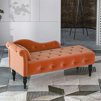 This chaise lounge features velvet upholstery, tufted buttons, nailhead trimming, solid wood legs, and a toss pillow which bring an elegant and classic feeling. It is the ideal addition to any room in your home, such as the living room, bedroom, home office, etc. Upholstery Color: Orange Velvet | Rosdorf Park Fredrikk Upholstered Chaise Lounge Wood / Velvet in Orange, Size 28.3 H x 27.5 W x 60.6 D in | Wayfair Tufted Chaise Lounge, Velvet Chaise, Velvet Chaise Lounge, Upholstered Chaise Lounge, Upholstered Chaise, Chaise Lounge Sofa, Orange Velvet, White Velvet, Small Pillows