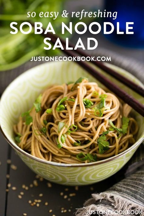 Soba Noodle Salad - chilled or at room temperature, this Soba Noodle Salad tossed in a honey-soy dressing is exactly what you need for a quick, healthy light meal. #sobanoodlerecipe #coldnoodlerecipes #easynoodlerecipes #asiannoodles #summernoodlesalad | Easy Japanese Recipes at JustOneCookbook.com Yakimeshi Recipe, Spicy Soba Noodles, Japanese Cookbook, Japanese Appetizers, Soba Salad, Soba Noodles Recipe, Soy Dressing, Soba Noodle Salad, Soba Noodles Salad