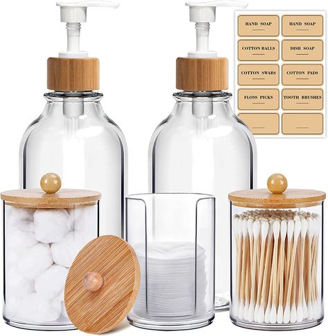 Amazon.com: Mierting Bathroom Accessories Set 5 Pcs, Clear Plastic Hand and Dish Soap Dispenser with Bamboo Pump, Qtip Holder / Apothecary Jars for Kitchen & Bathroom, Rustic, Farmhouse, Boho, Home Decor, Gift : Home & Kitchen Hand And Dish Soap Dispenser, Bamboo Bathroom Accessories, Black Bathroom Accessories Set, Cotton Ball Holder, Bathroom Counter Decor, Boho Bathroom Decor, Black Bathroom Accessories, Bathroom Accessories Set, Bamboo Bathroom